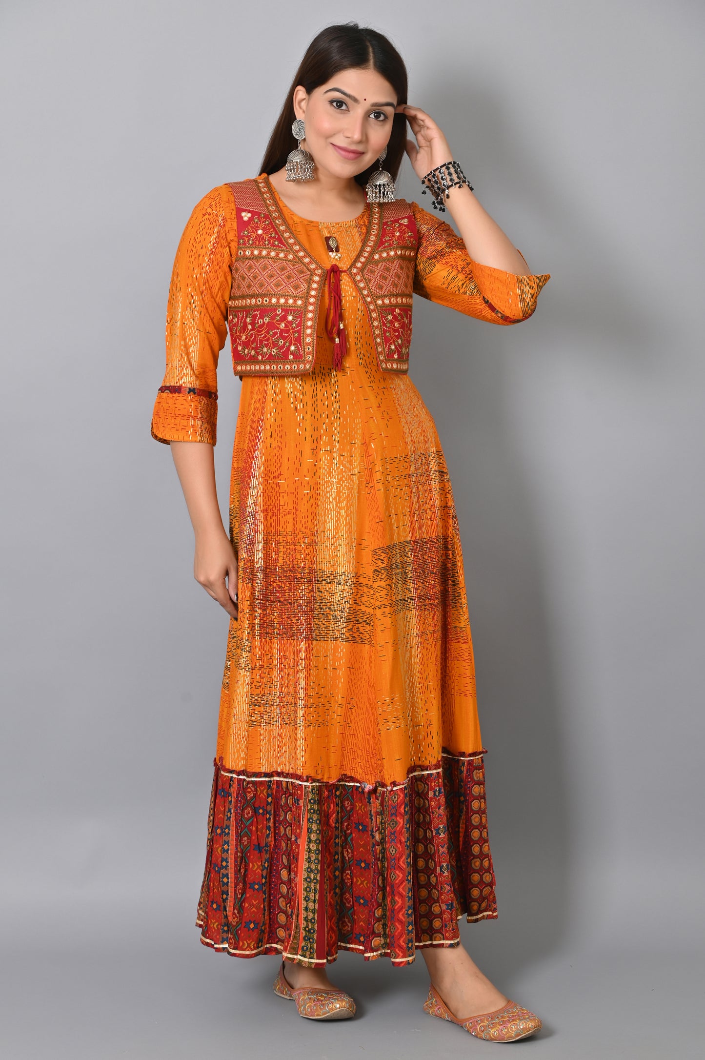 Luxurious Orange Embroidered Jacket Flair Gown