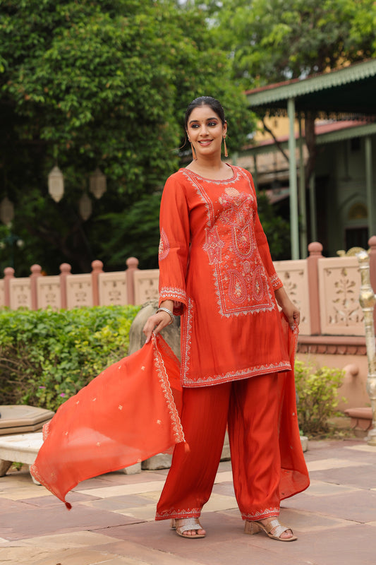Luxurious Rust Orange Embroidered