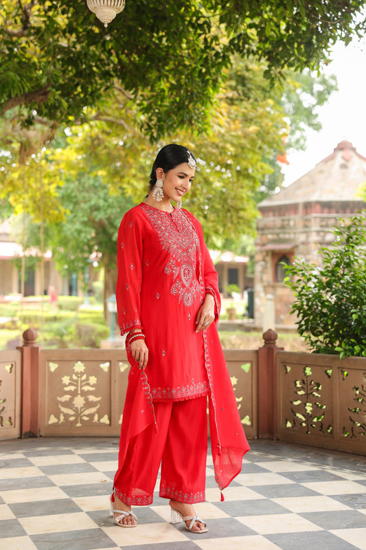 Royal Red Embroidered Luxury 3-Piece Suit Set