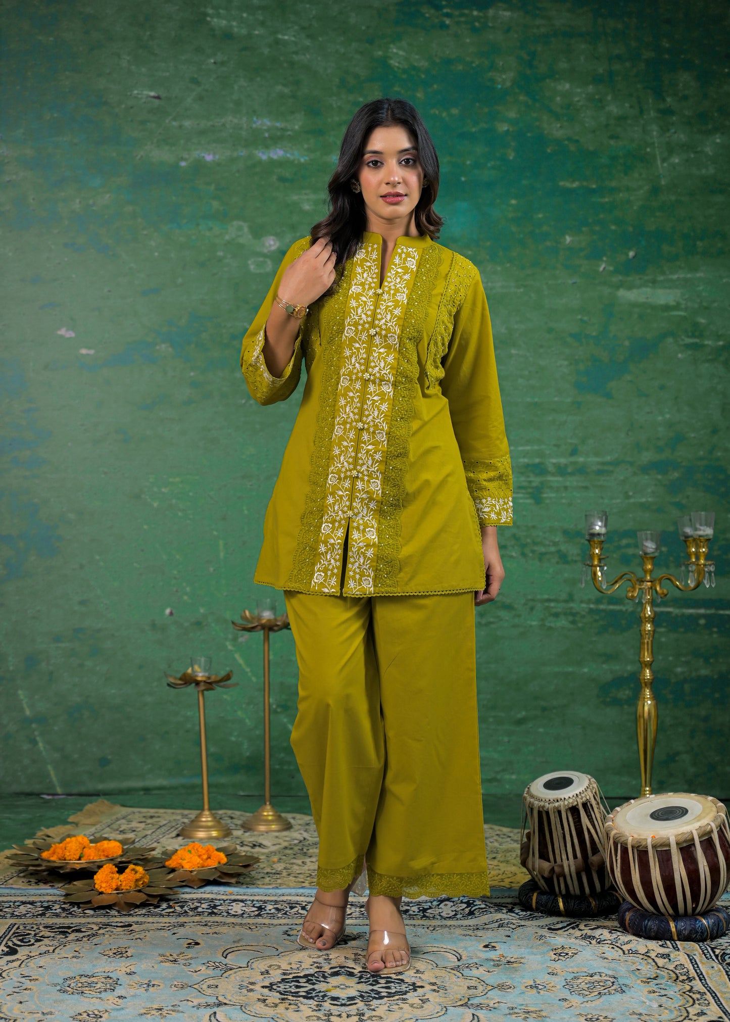 Luxurious Pine Green Schiffli Handwork Co-ord Set