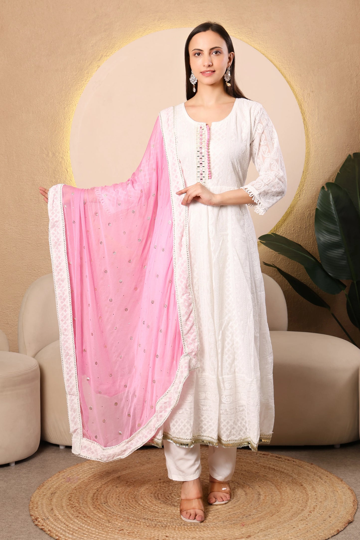 Pearl Blossom Chikankari Anarkali Suit Set – Baby Pink Dupatta