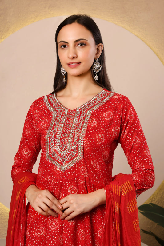 Ruby Radiance Bandhej Sharara Suit Set – Red