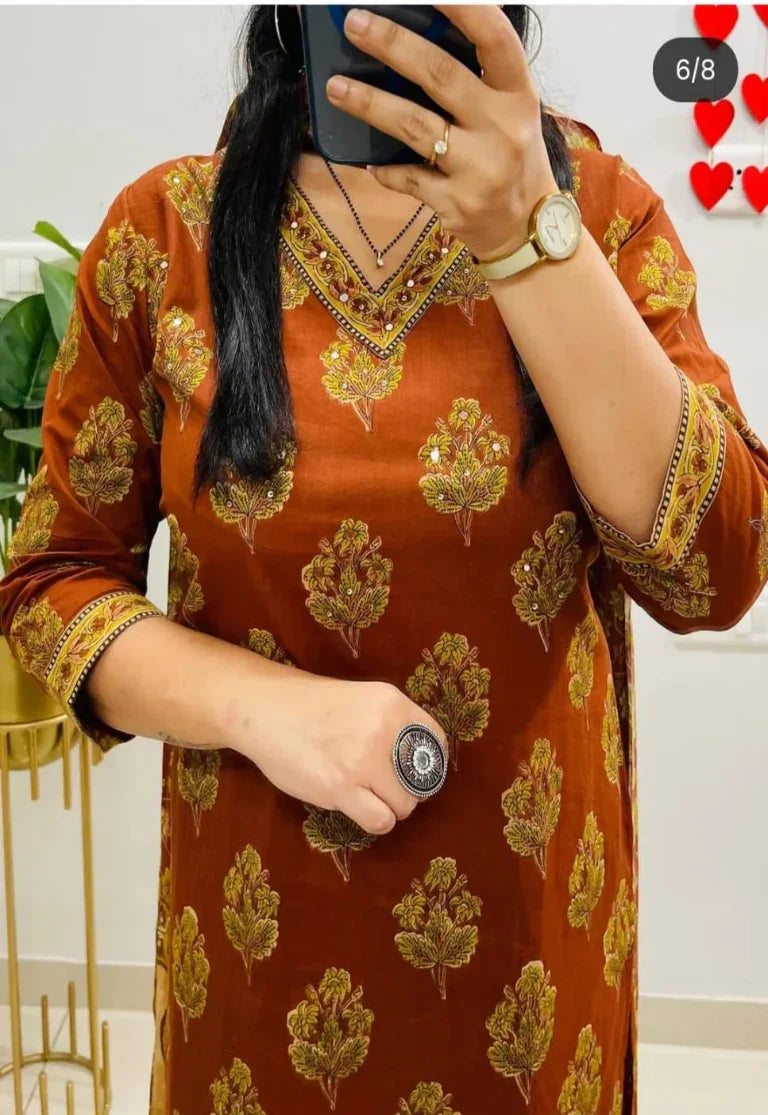 Rust Orange Block Printed Cotton Suit Set