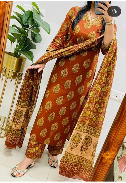 Rust Orange Block Printed Cotton Suit Set