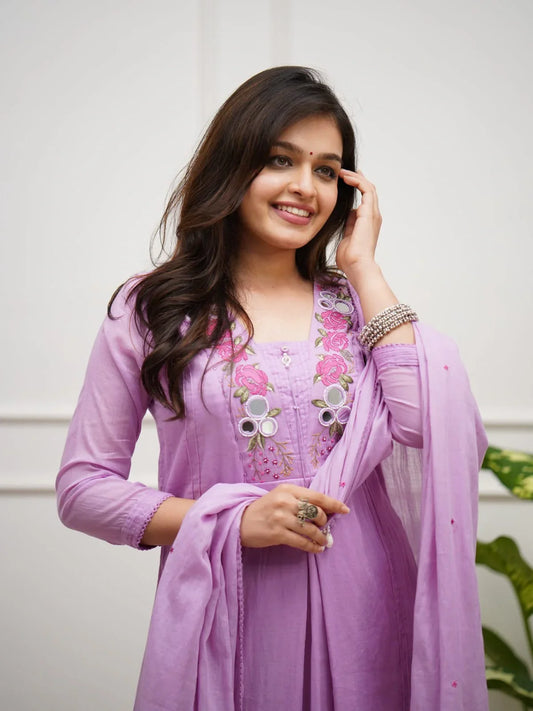 Lavender Embroidered Kurta Set with Dupatta