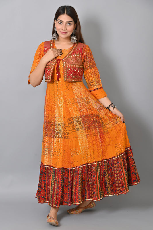 Luxurious Orange Embroidered Jacket Flair Gown