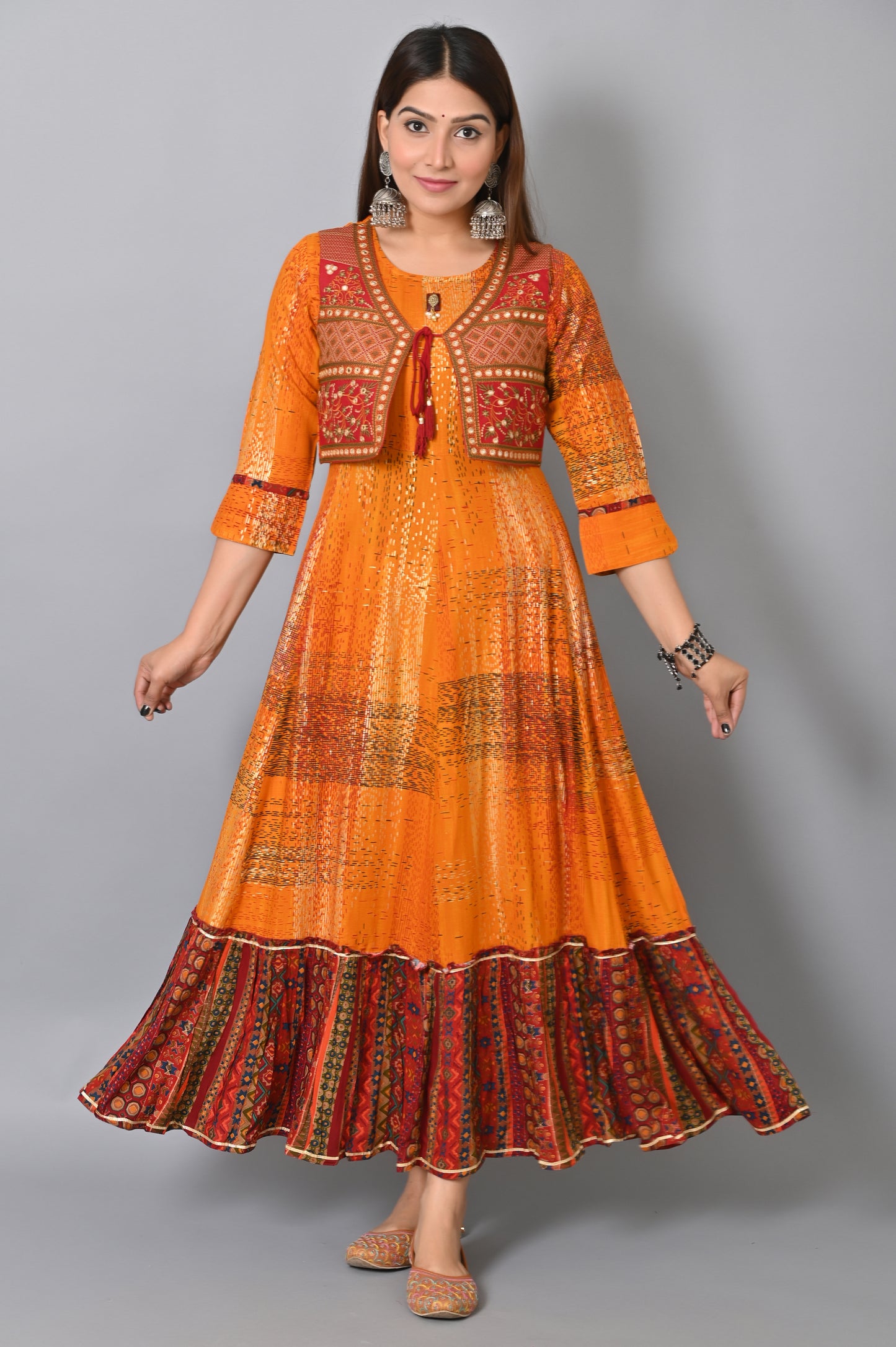 Luxurious Orange Embroidered Jacket Flair Gown
