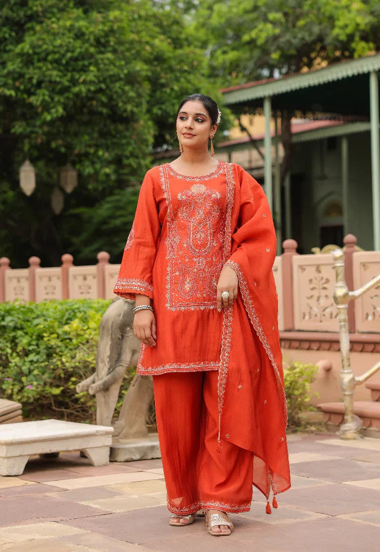 Luxurious Rust Orange Embroidered