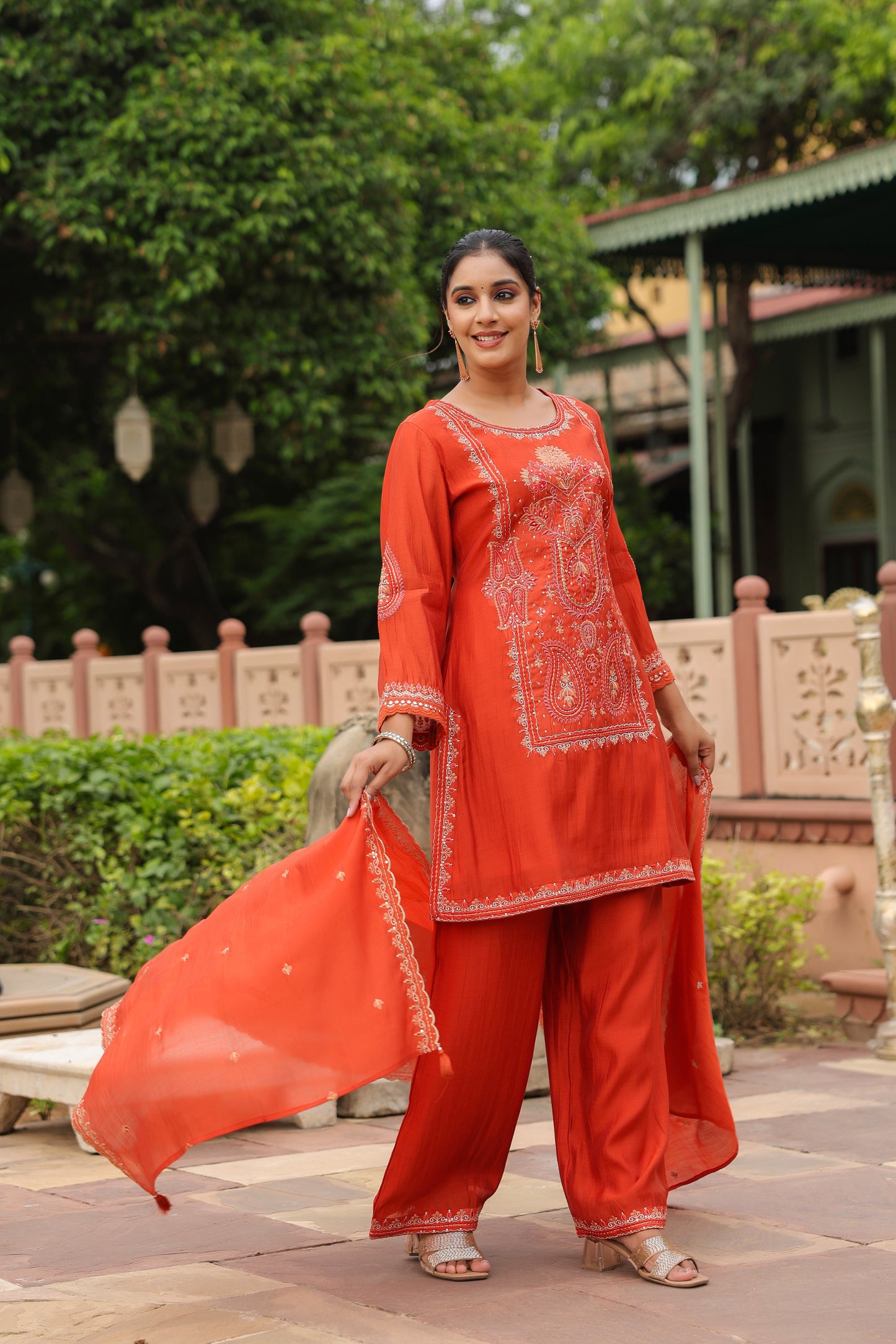 Luxurious Rust Orange Embroidered