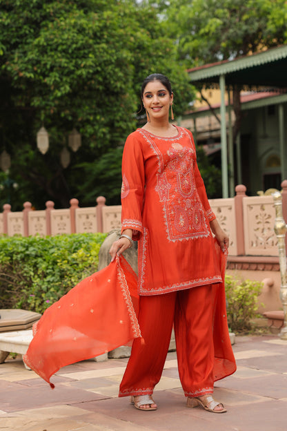 Luxurious Rust Orange Embroidered