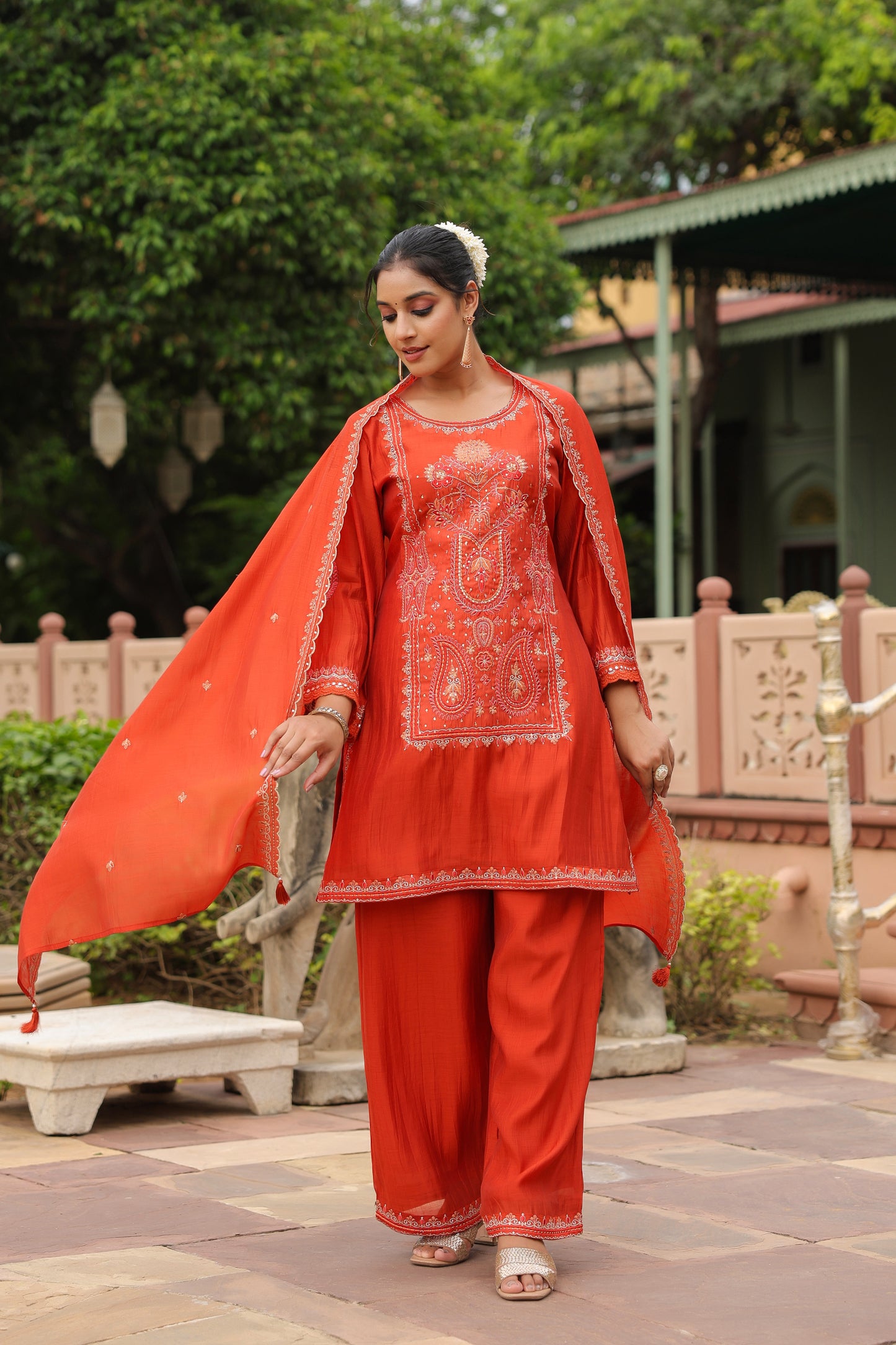 Luxurious Rust Orange Embroidered
