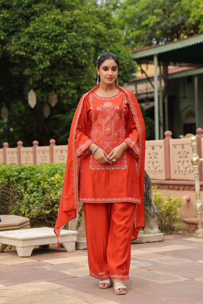 Luxurious Rust Orange Embroidered