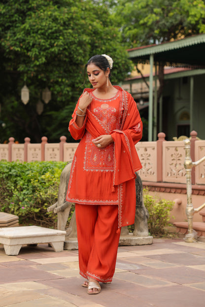 Luxurious Rust Orange Embroidered