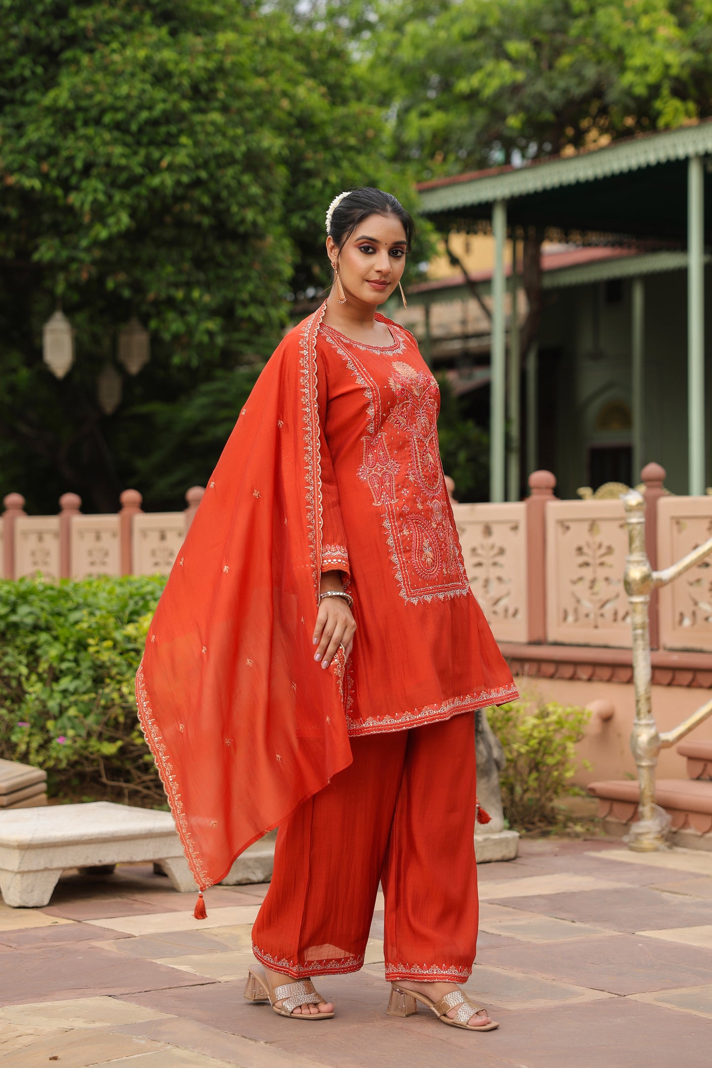 Luxurious Rust Orange Embroidered