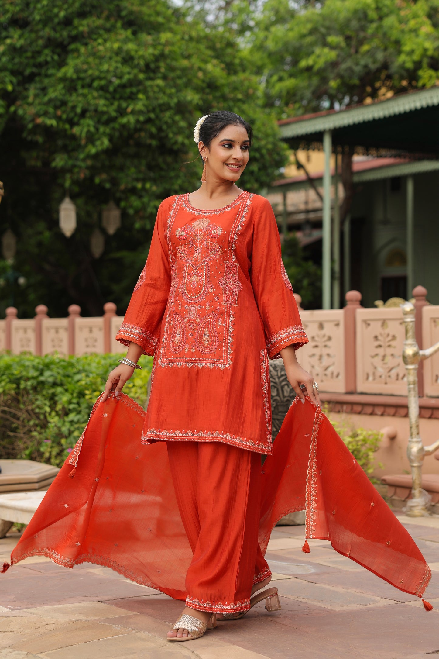 Luxurious Rust Orange Embroidered