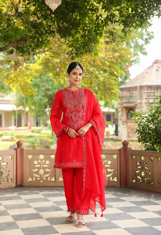 Royal Red Embroidered Luxury 3-Piece Suit Set