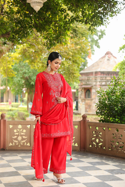 Royal Red Embroidered Luxury 3-Piece Suit Set