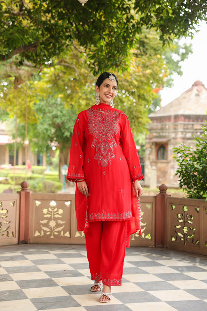 Royal Red Embroidered Luxury 3-Piece Suit Set