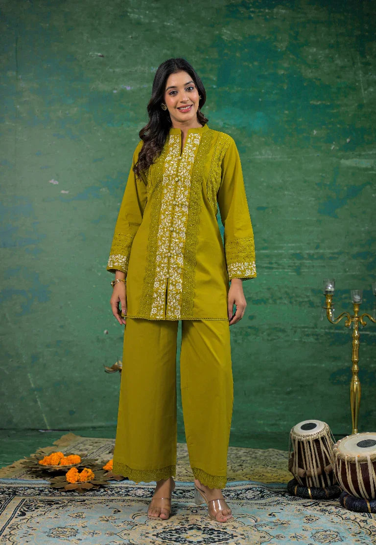 Luxurious Pine Green Schiffli Handwork Co-ord Set