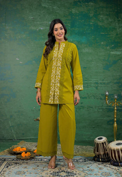 Luxurious Pine Green Schiffli Handwork Co-ord Set