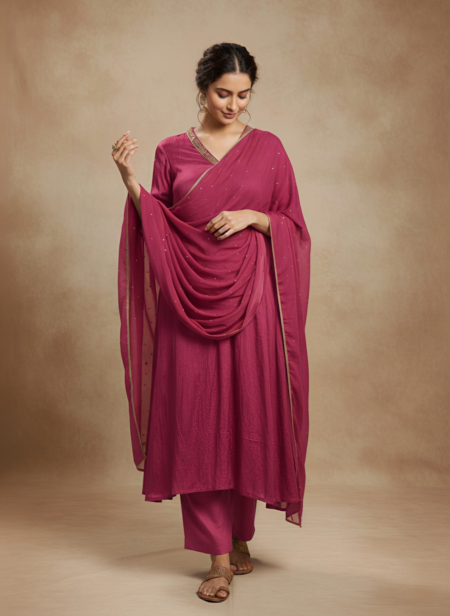 Dusty Rose Chinon Embellished 3-Piece Suit Set