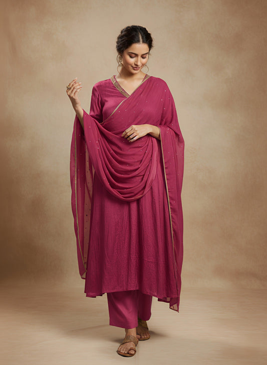 Dusty Rose Chinon Embellished 3-Piece Suit Set