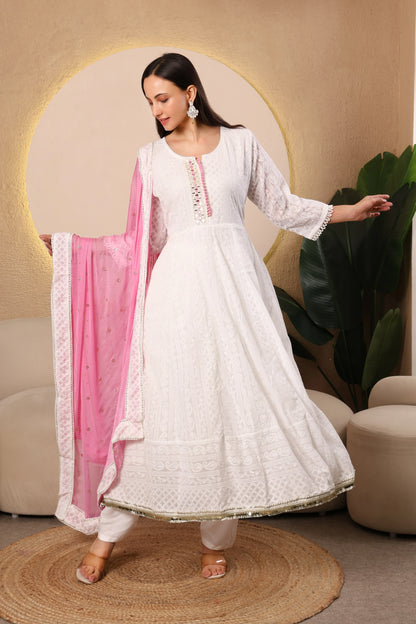 Pearl Blossom Chikankari Anarkali Suit Set – Baby Pink Dupatta