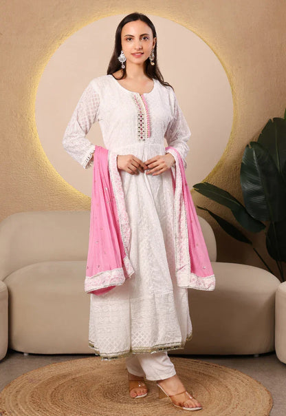 Pearl Blossom Chikankari Anarkali Suit Set – Baby Pink Dupatta