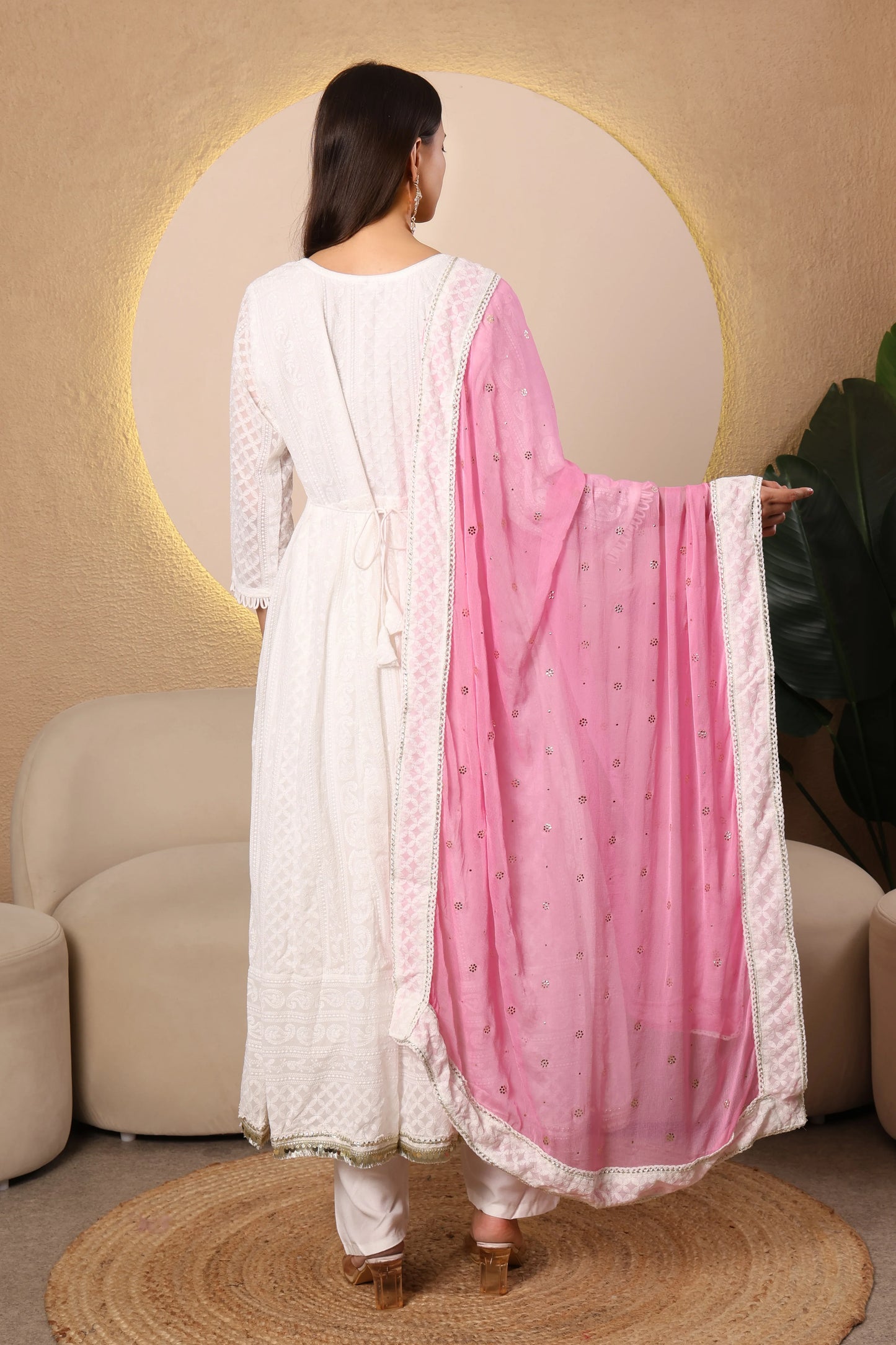 Pearl Blossom Chikankari Anarkali Suit Set – Baby Pink Dupatta