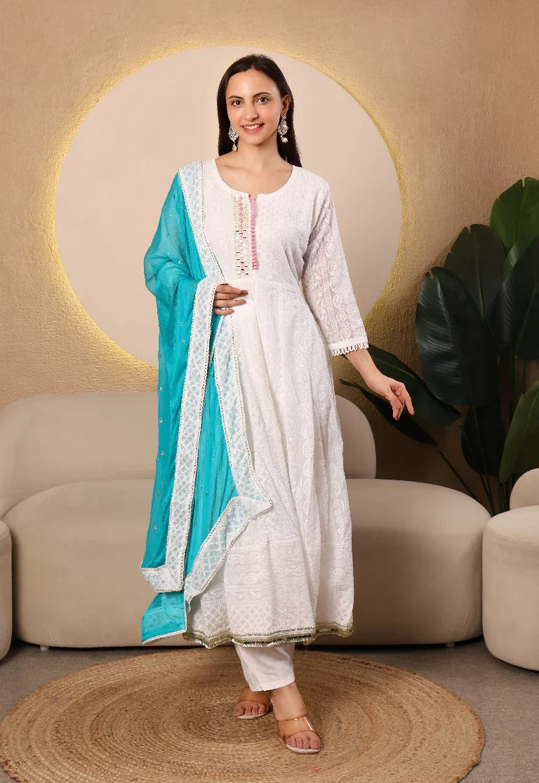 Ivory Grace Chikankari Anarkali Suit Set – Aqua Blue Dupatta