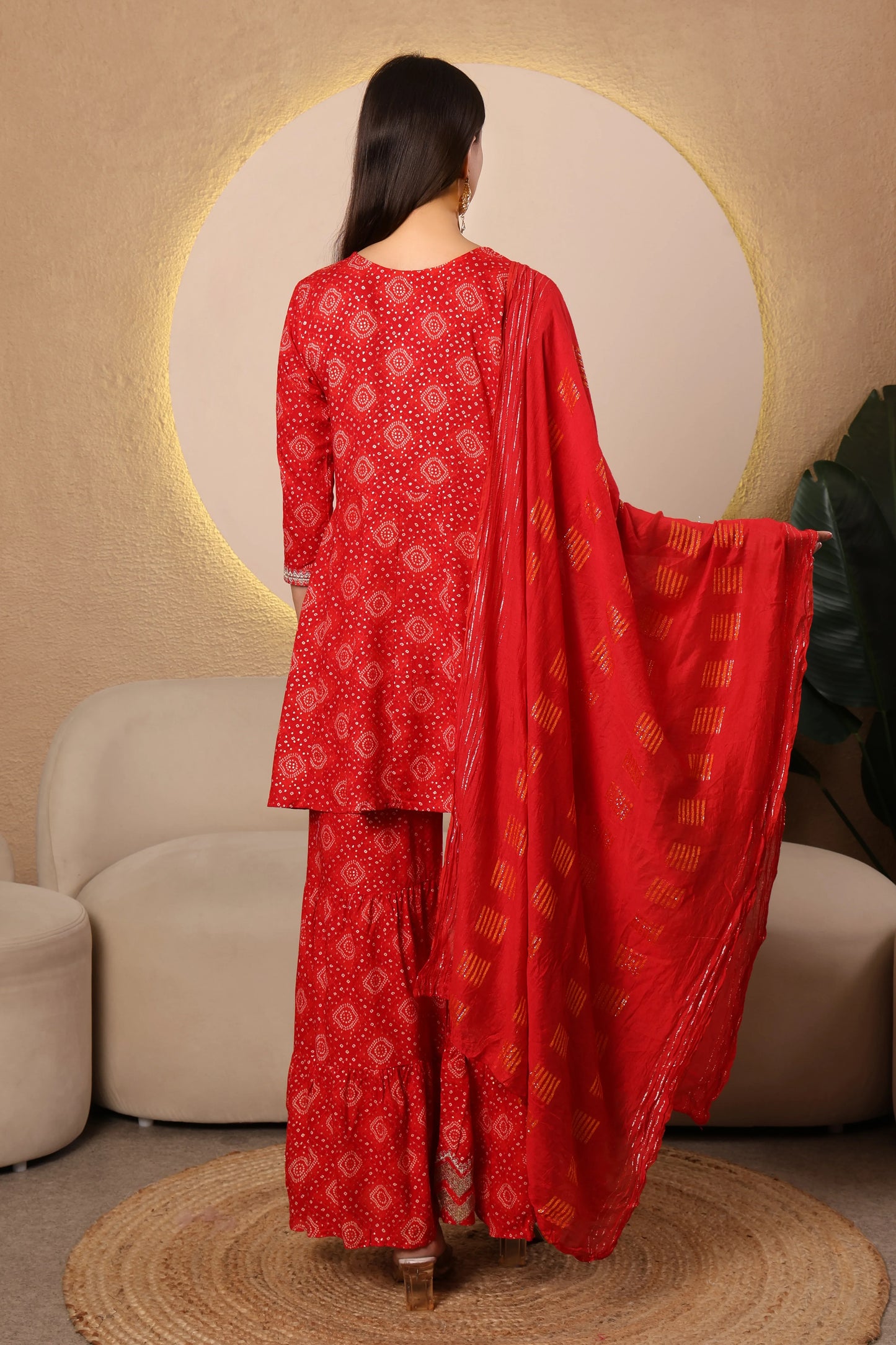Ruby Radiance Bandhej Sharara Suit Set – Red