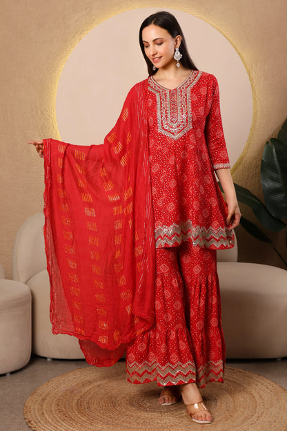 Ruby Radiance Bandhej Sharara Suit Set – Red