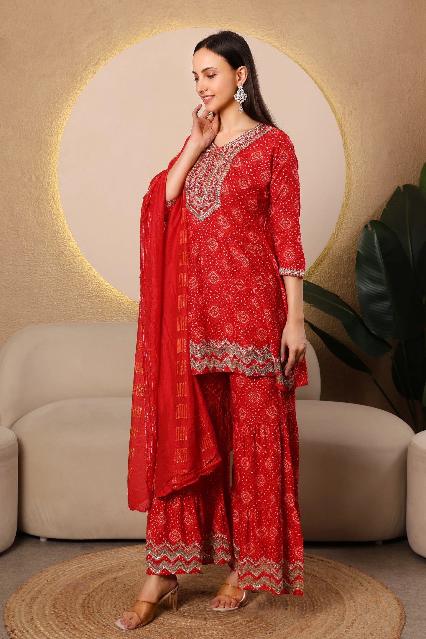Ruby Radiance Bandhej Sharara Suit Set – Red