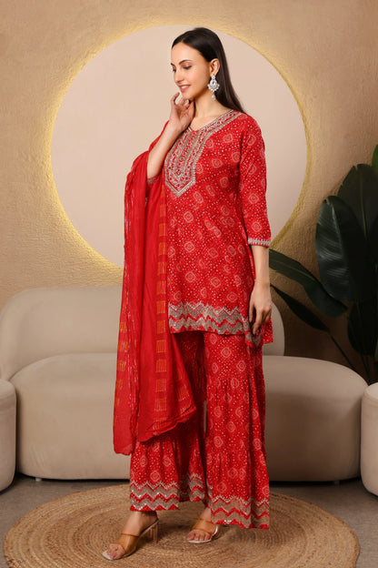 Ruby Radiance Bandhej Sharara Suit Set – Red