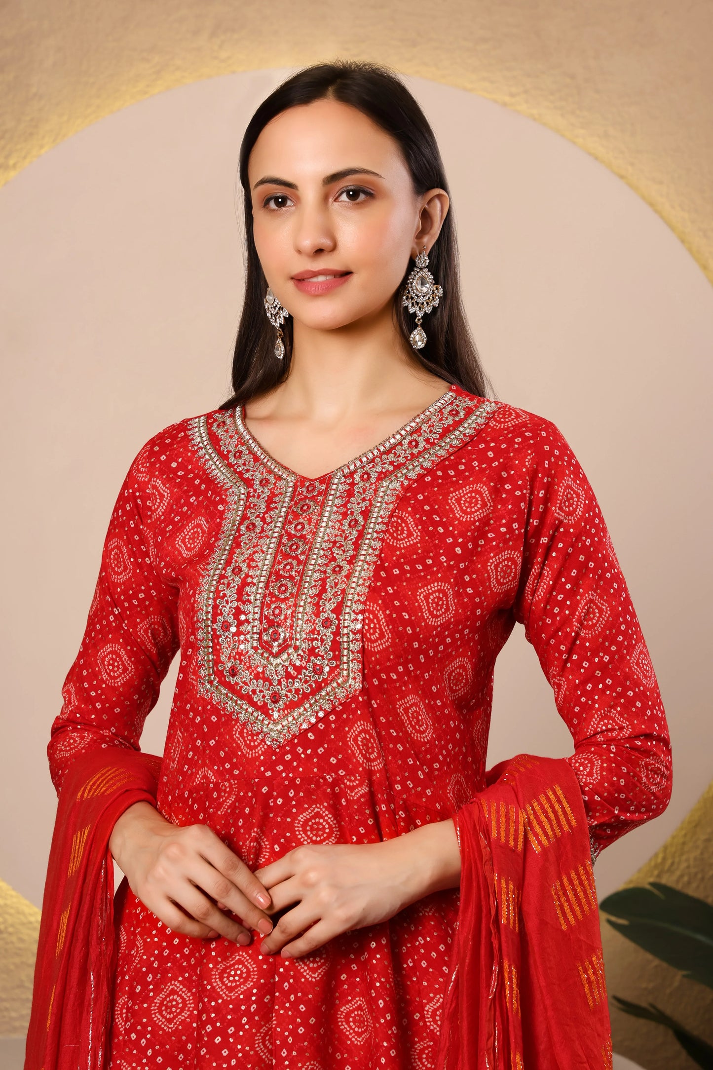 Ruby Radiance Bandhej Sharara Suit Set – Red