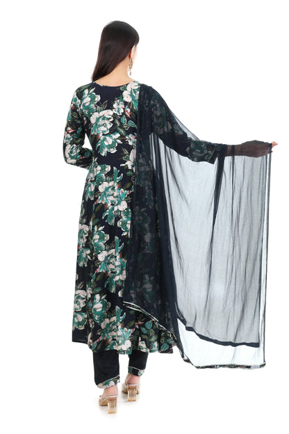 Navy Blue Floral Anarkali Suit Set