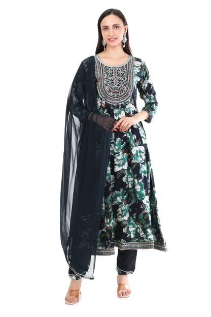 Navy Blue Floral Anarkali Suit Set