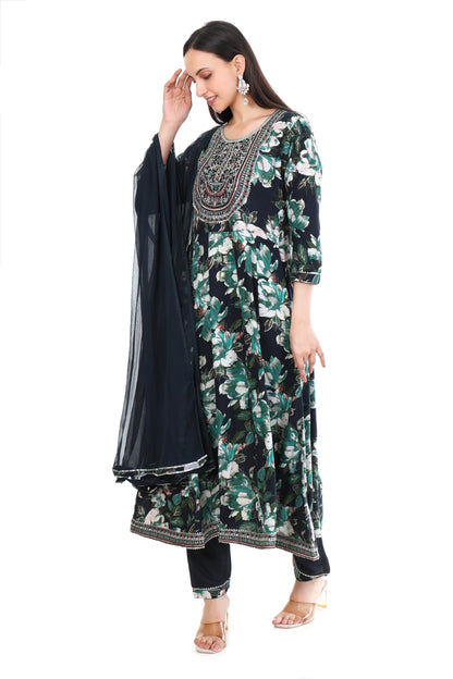 Navy Blue Floral Anarkali Suit Set