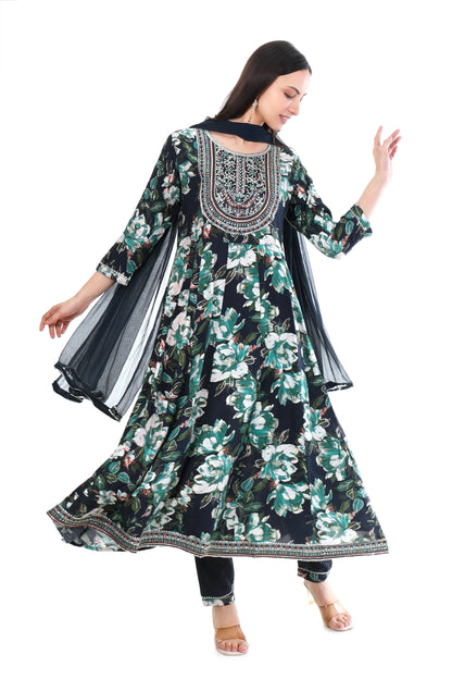 Navy Blue Floral Anarkali Suit Set