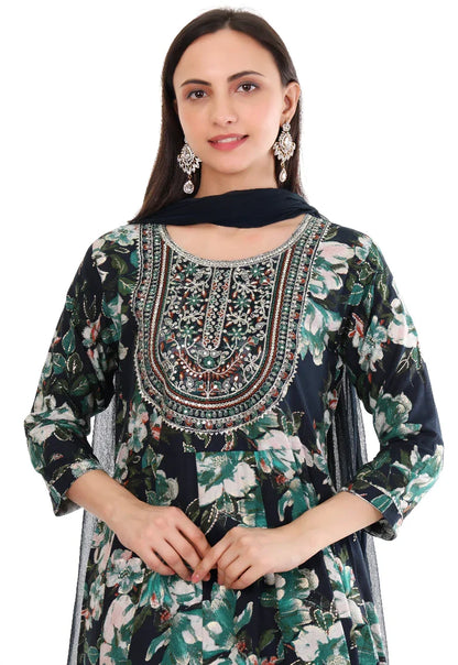 Navy Blue Floral Anarkali Suit Set