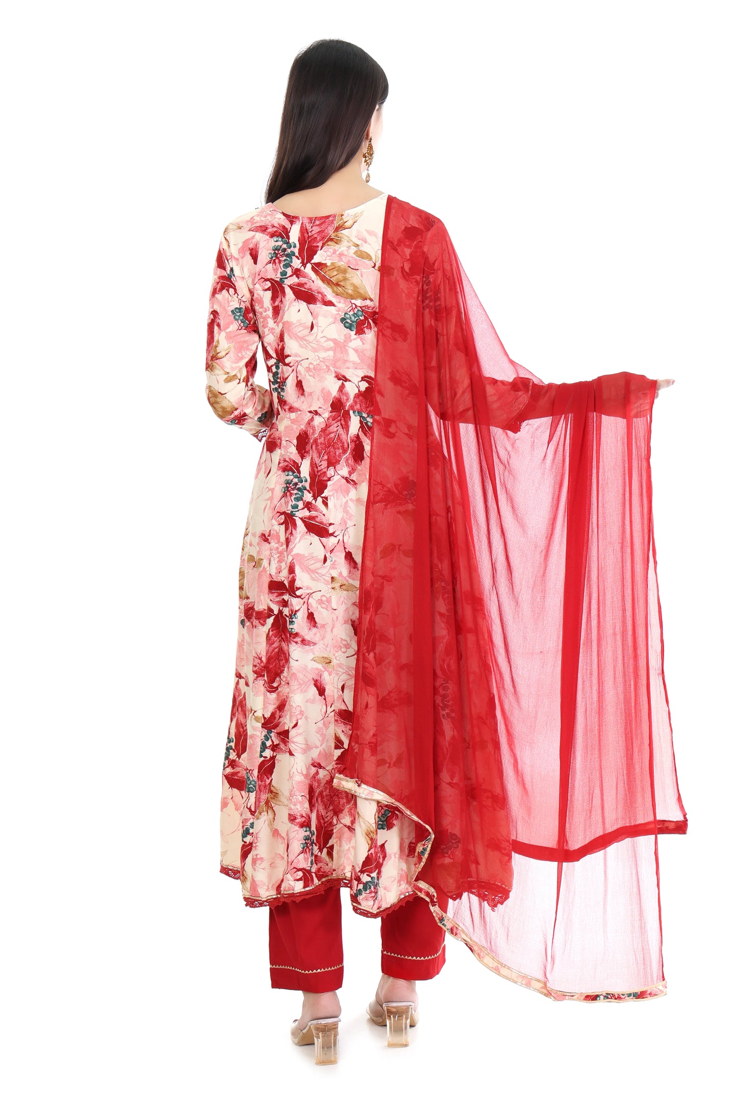 Scarlet Bloom Printed Anarkali Suit Set – Red & Beige