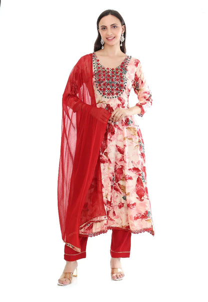 Scarlet Bloom Printed Anarkali Suit Set – Red & Beige