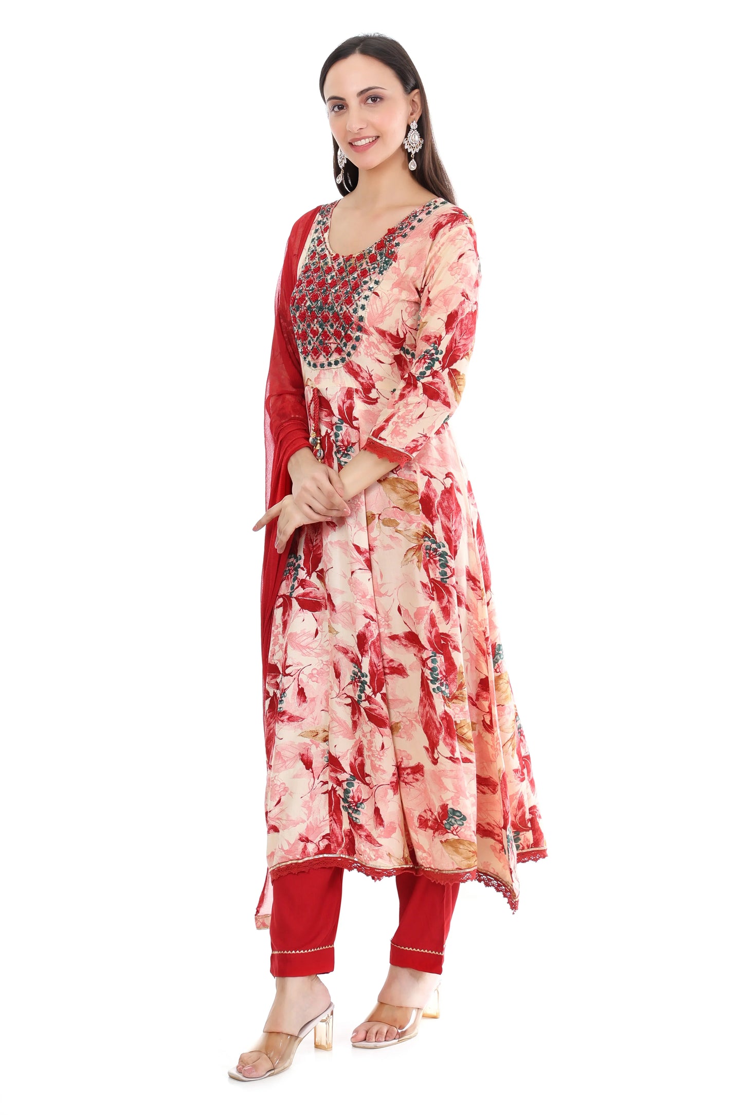 Scarlet Bloom Printed Anarkali Suit Set – Red & Beige
