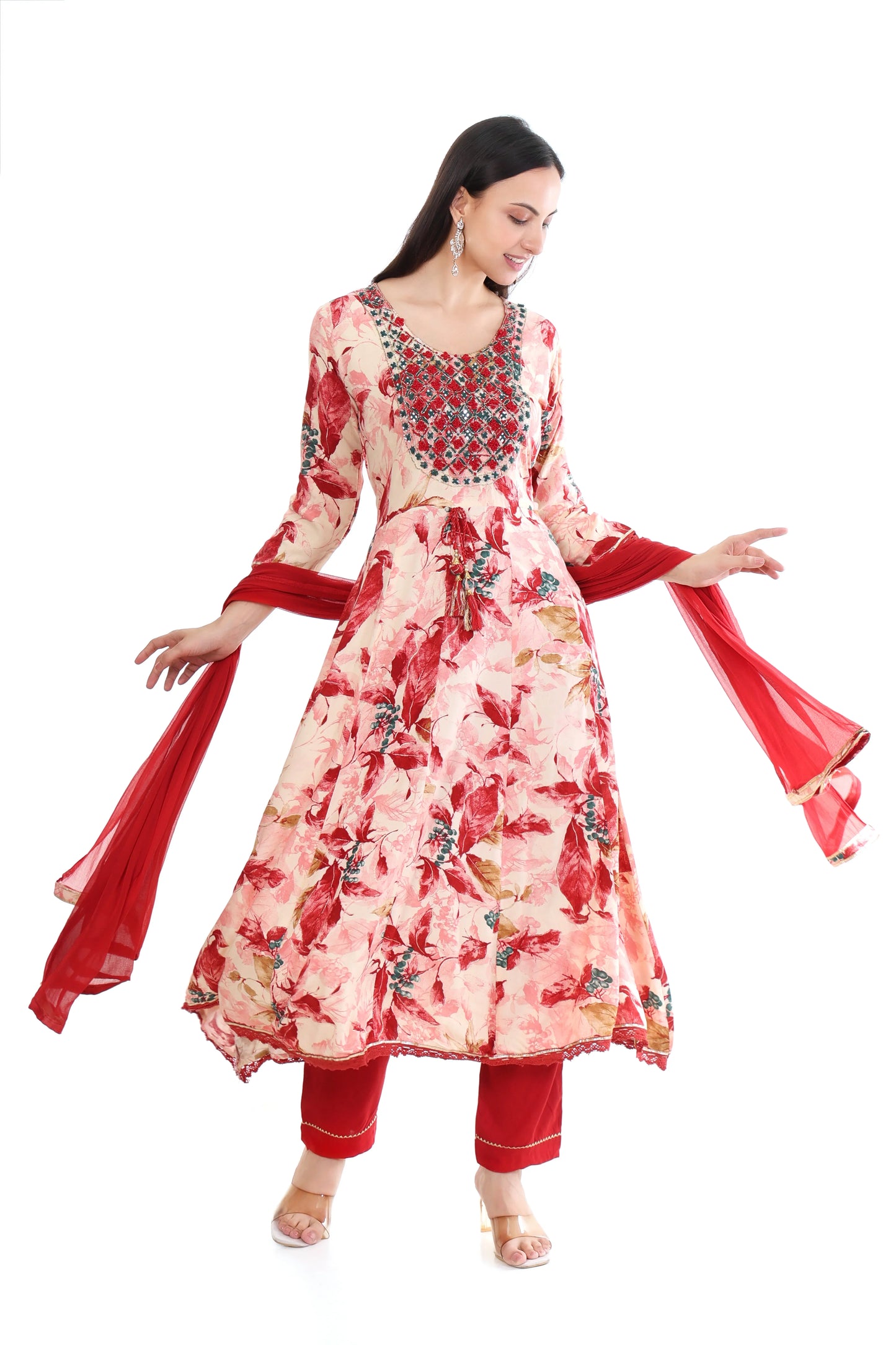 Scarlet Bloom Printed Anarkali Suit Set – Red & Beige