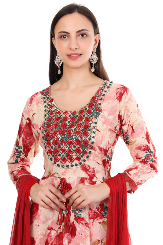 Scarlet Bloom Printed Anarkali Suit Set – Red & Beige