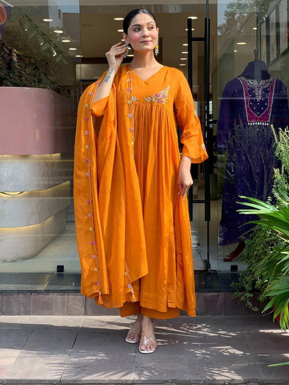 Mustard Orange Embroidered Anarkali Kurta Set with Dupatta