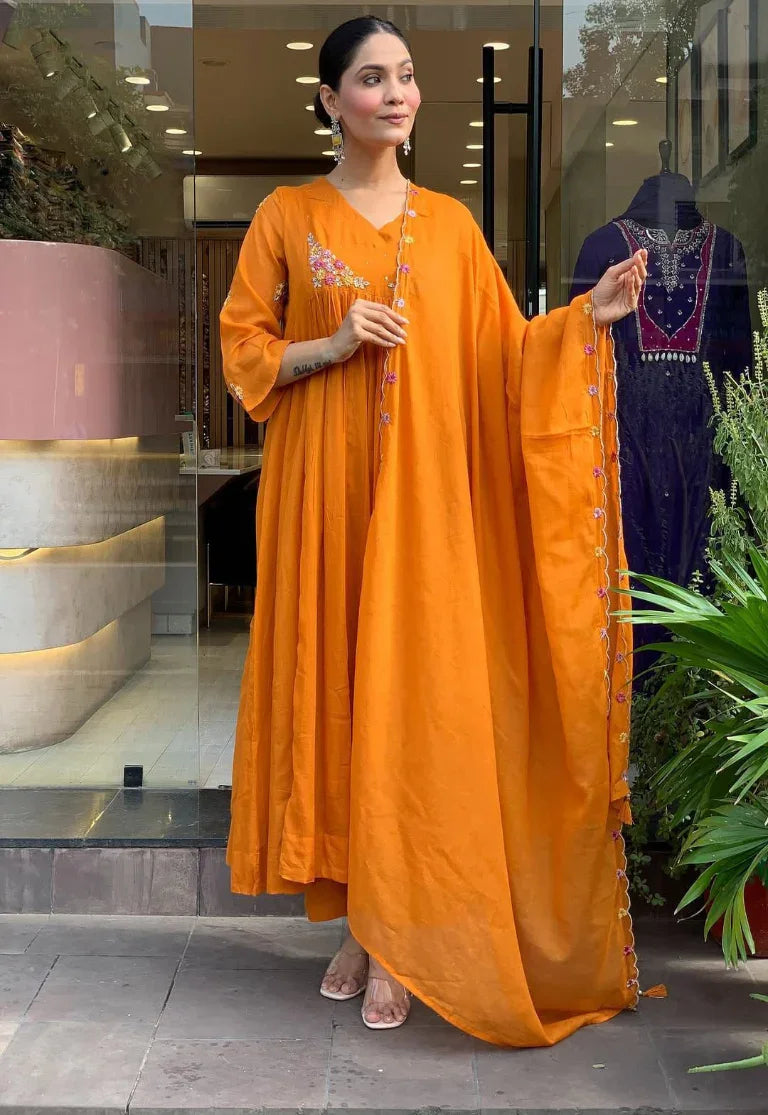 Mustard Orange Embroidered Anarkali Kurta Set with Dupatta