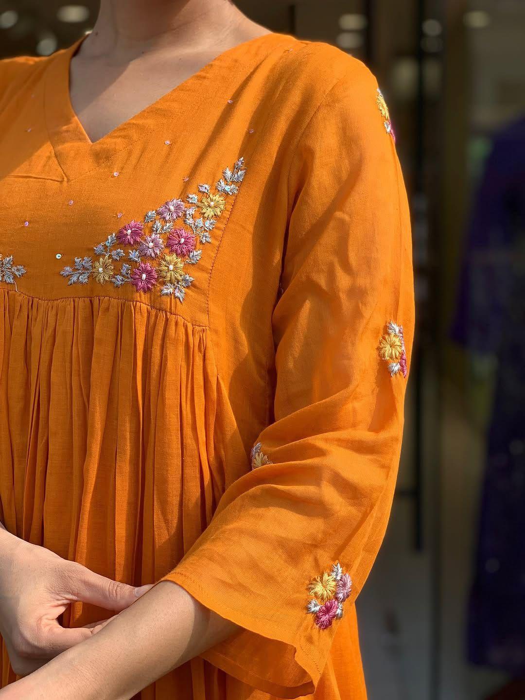 Mustard Orange Embroidered Anarkali Kurta Set with Dupatta