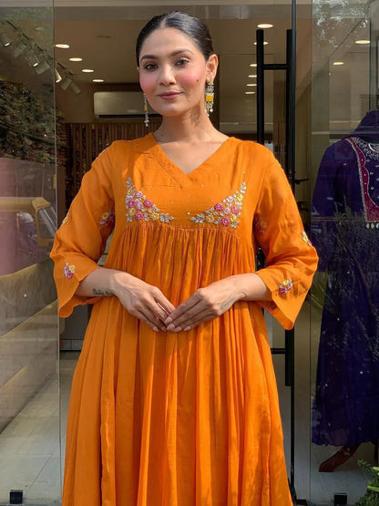Mustard Orange Embroidered Anarkali Kurta Set with Dupatta