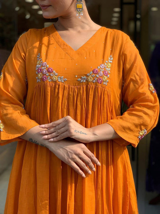 Mustard Orange Embroidered Anarkali Kurta Set with Dupatta